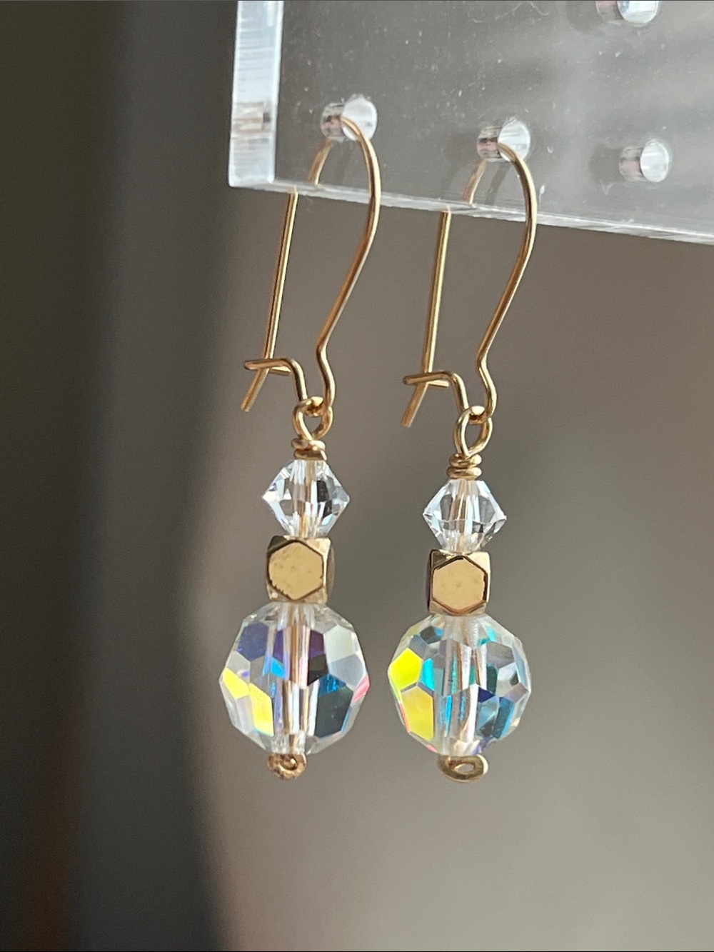 Gold Crystal Drop Earrings - Clear Aurora Borealis
